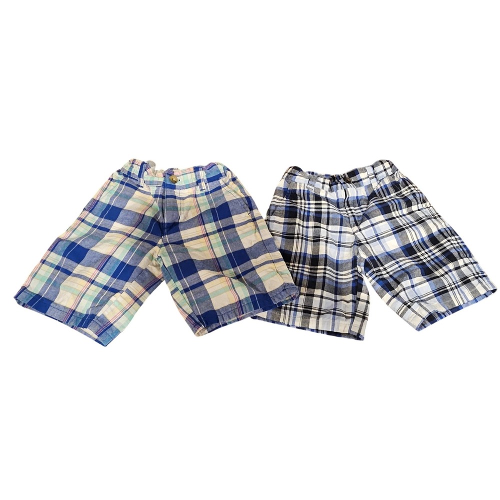 Janie and Jack Plaid 2 Pair Shorts Boys Size 4 Blue White Green Khaki Lot